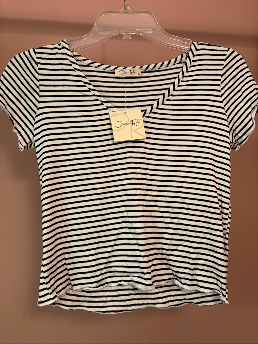 Olivia Rae Women's Black & White Striped V-Neck Tee New